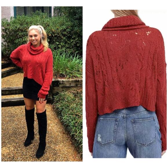 Free People Shades Of Dawn Pullover Sweater Size Large Cowl Neck Chunky Rust Red - Picture 11 of 11